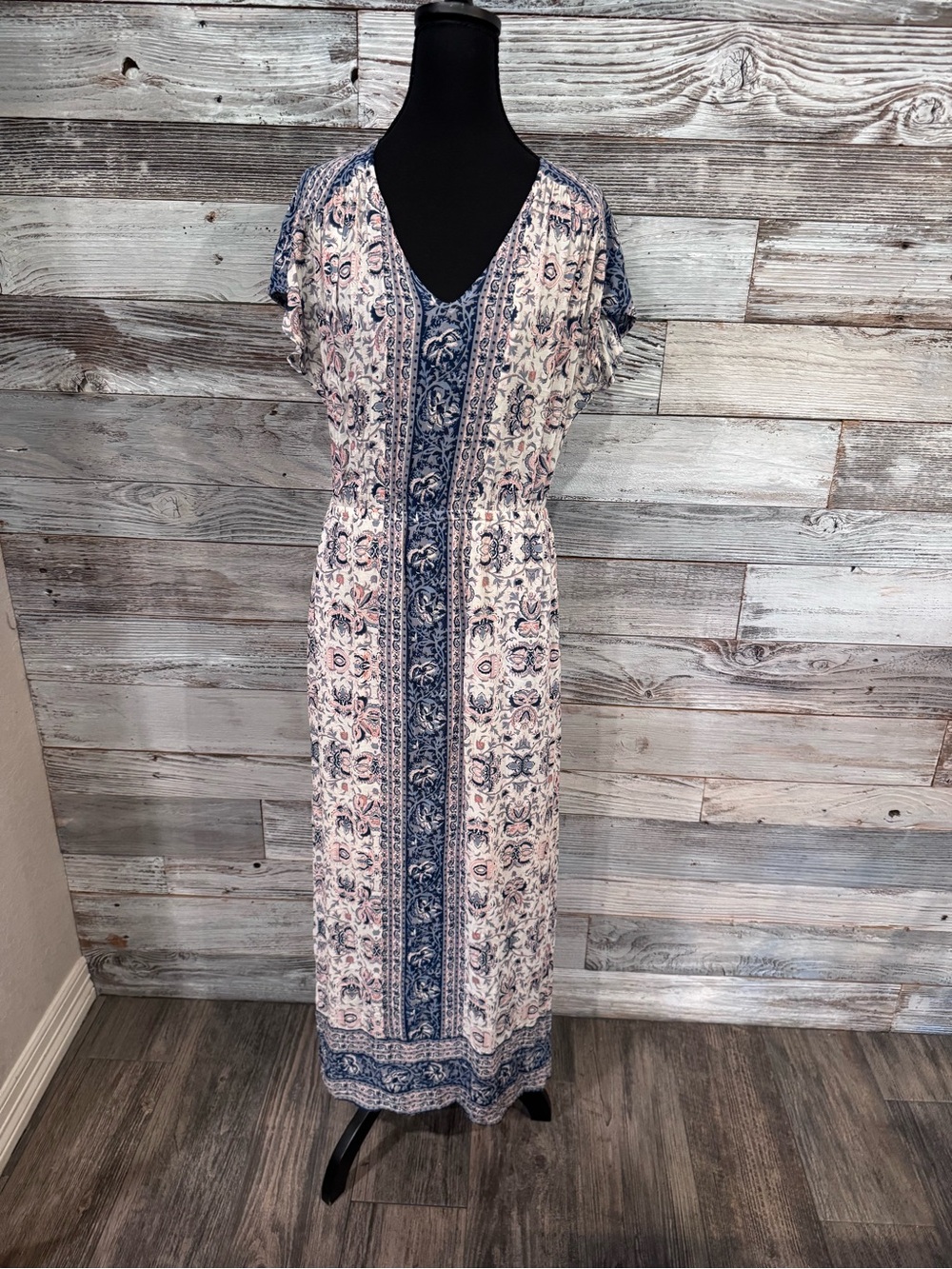 Lucky Brand Blue and Cream Floral Border Print Maxi Dress with Side Slits